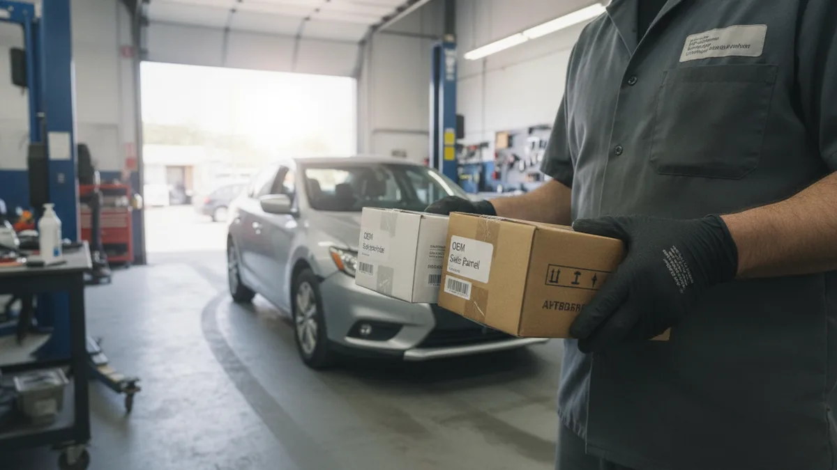 Technician comparing OEM and aftermarket auto parts in a collision repair shop.