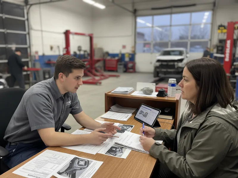 Collision repair technician consulting with customer about repair options and parts.