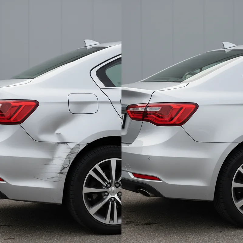 Split-screen comparison showing a damaged fender alongside the same vehicle after restoration, natural daylight highlighti...