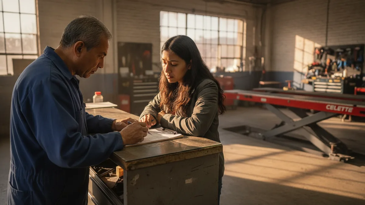 Body shop technician and customer reviewing a damage estimate together at the service counter.