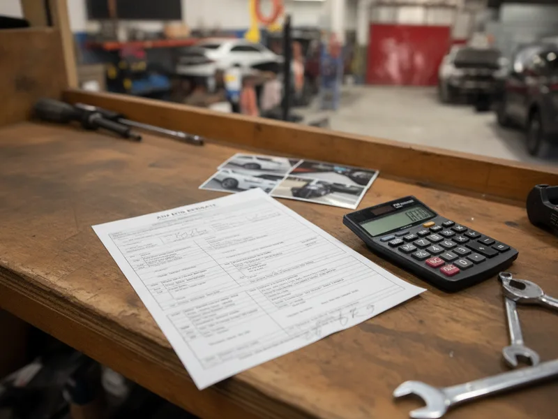 Close-up of a detailed auto repair estimate form with damage photos and calculator on a workbench.