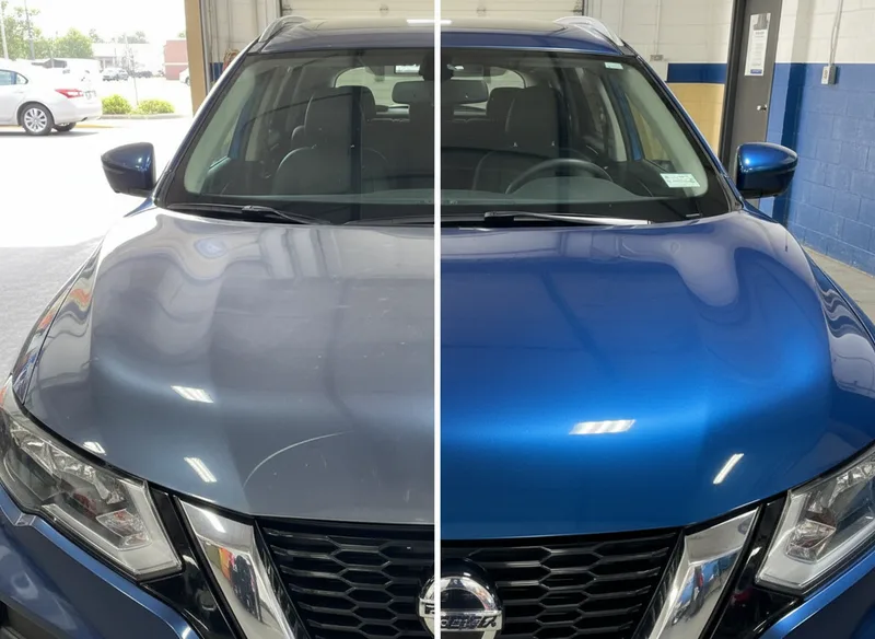 Before-and-after split image of a vehicle with visible paint damage (scratches, fading) on one side and pristine, glossy r...
