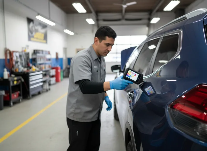 Technician using a digital color matching device against a vehicle's paint surface, with workshop lighting casting soft sh...