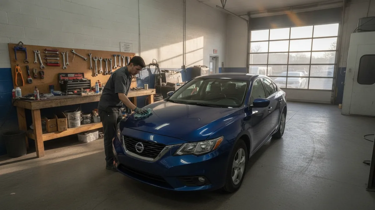 Certified auto body technician in a professional repair shop with a finished vehicle and tools visible.