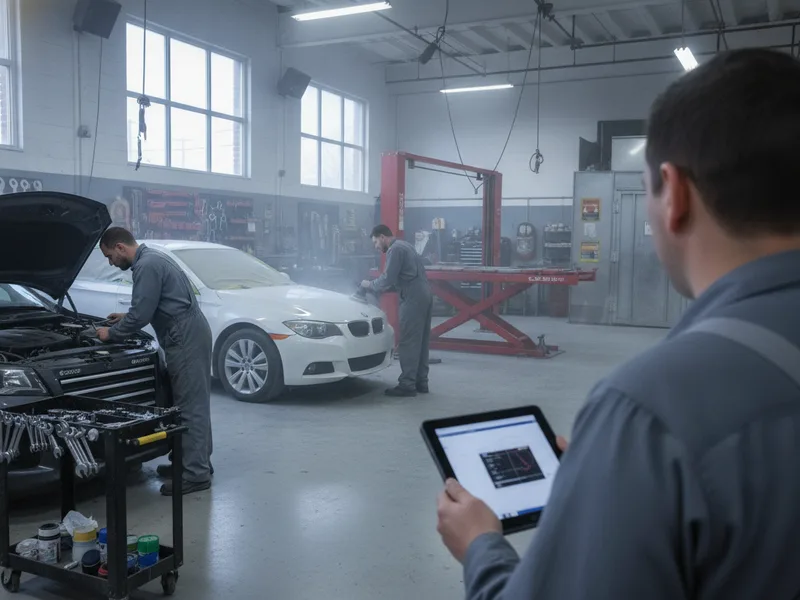 Multi-bay auto body repair facility with diagnostic equipment and organized workstations.