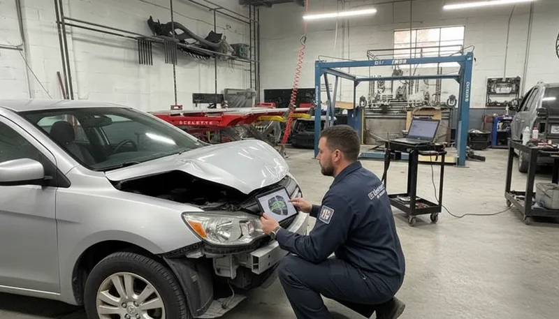 A professional auto body technician in uniform inspecting a vehicle with visible collision damage in a well-lit repair bay