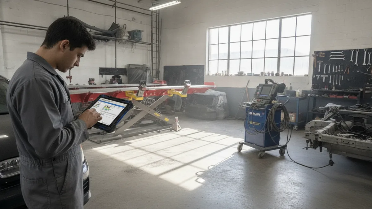 Technician reviewing collision repair documentation in a modern auto body shop workspace.