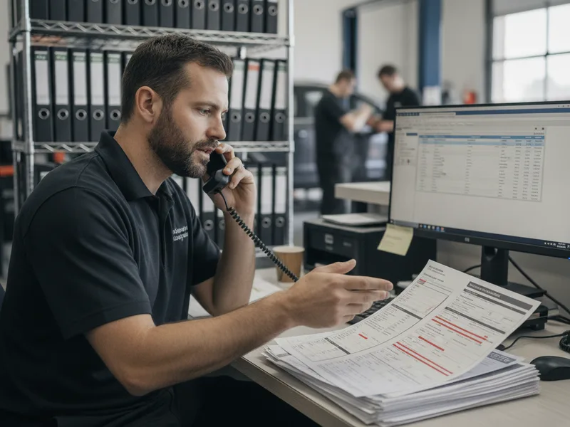 Auto body shop representative coordinating with customer on insurance claim details.