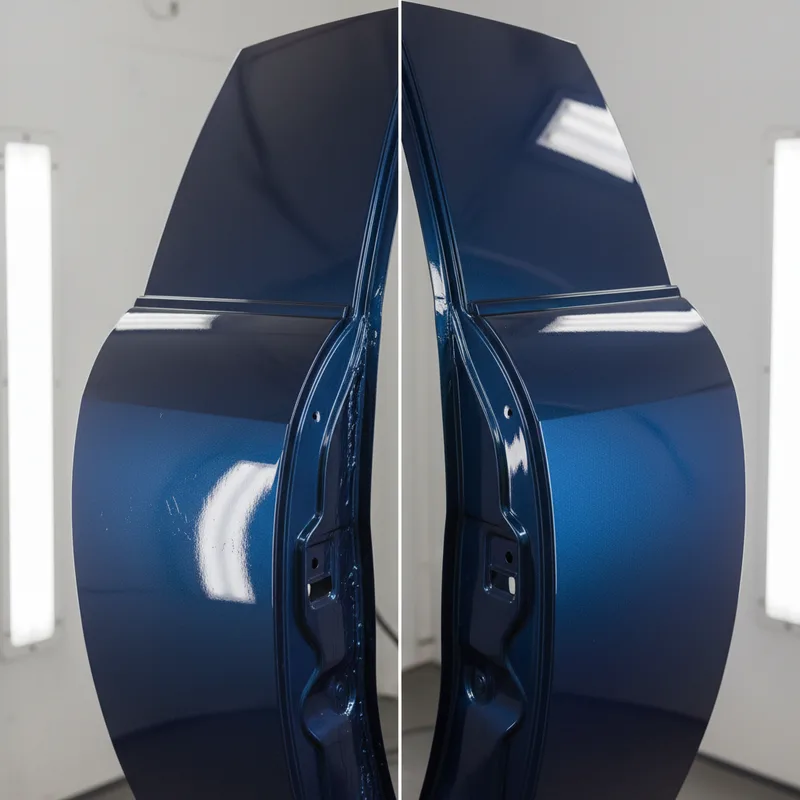 Side-by-side comparison showing a poorly painted vehicle panel next to a professionally finished one, highlighting the dif...