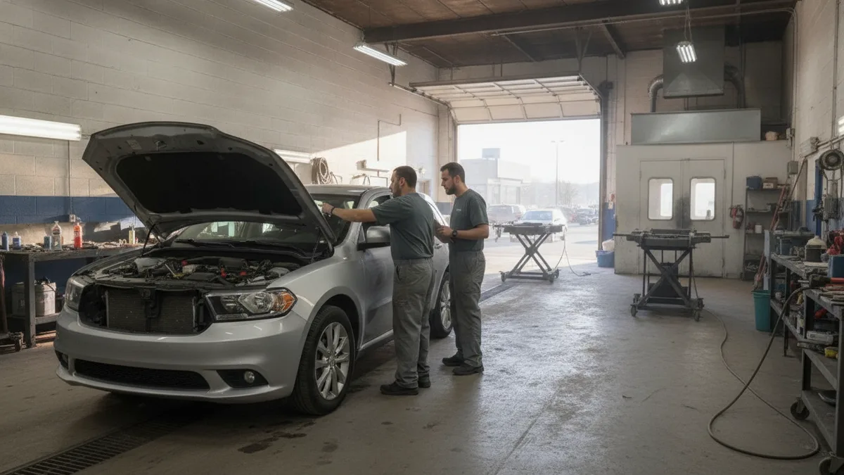Certified technician inspecting vehicle damage in a professional auto body shop with open garage doors.