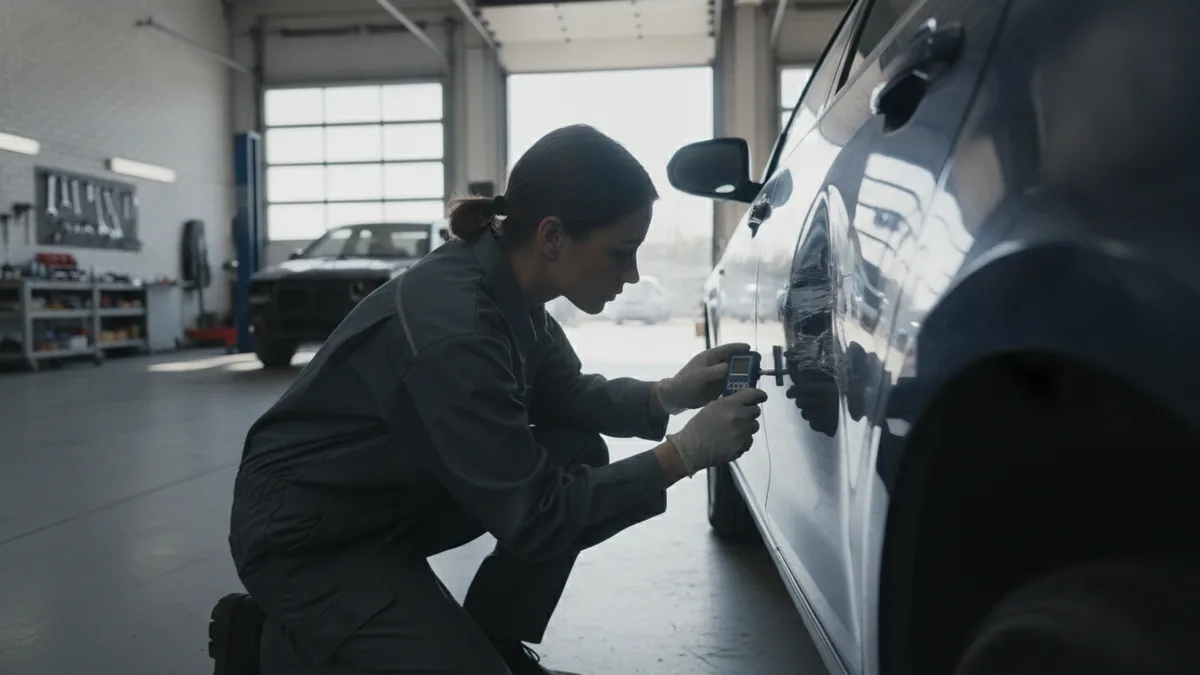 Technician examining dent and scratch damage on a vehicle panel in an auto body shop.