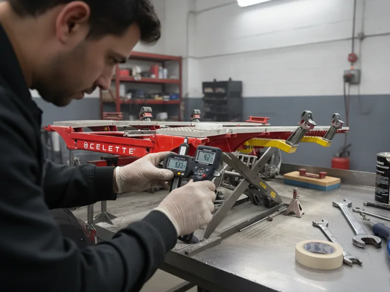 Technician using depth gauge and paint thickness tools to measure dent damage on a vehicle panel.