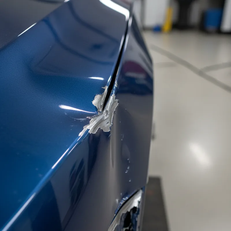 Close-up detail of a fender with visible crease and dent damage, showing the layered structure of modern automotive panels