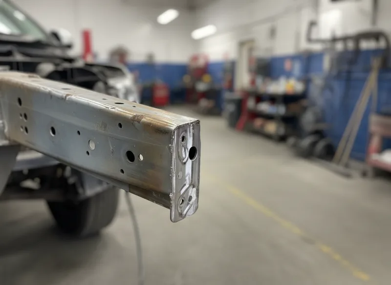 Close-up detail shot of a vehicle's damaged frame corner after collision, showing bent metal and structural distortion, wi...