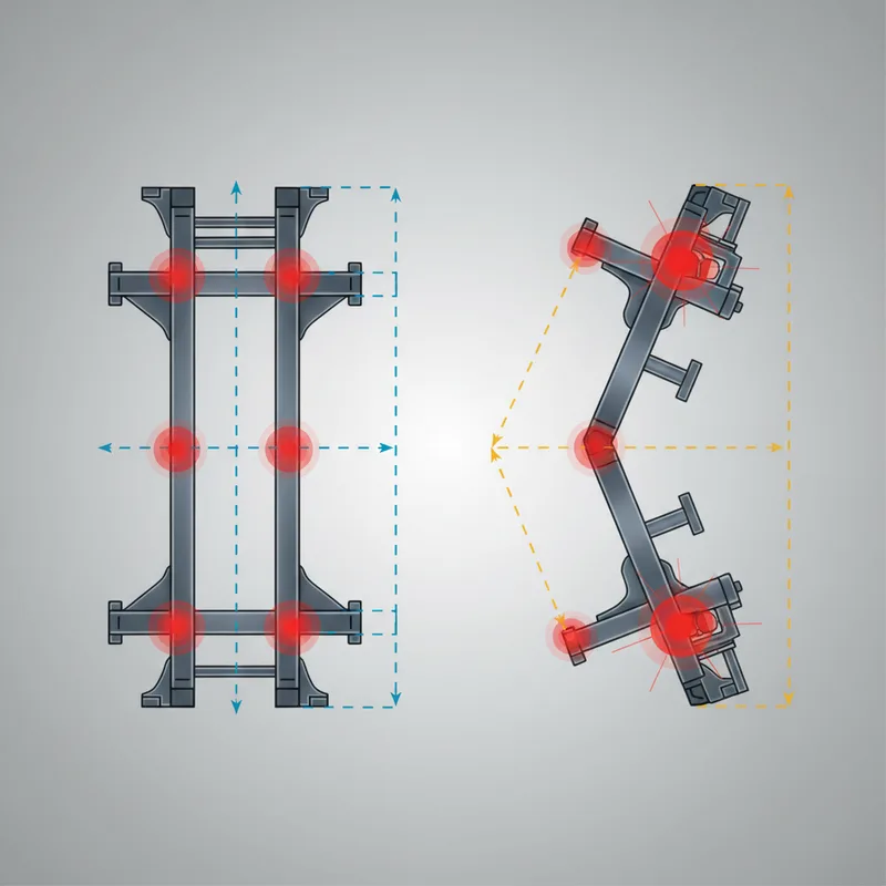 A side-by-side cross-section comparison showing a properly aligned vehicle frame versus one with misalignment, with measur...