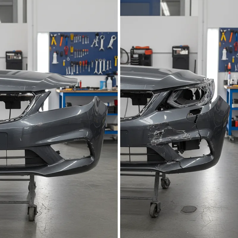 Split-screen comparison showing a lightly dented bumper on one side and a severely damaged bumper on the other, both posit...