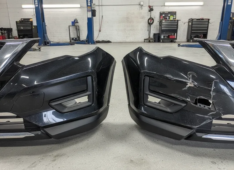 Side-by-side comparison showing a vehicle bumper with minor surface dents on one side and a severely crumpled bumper on th...