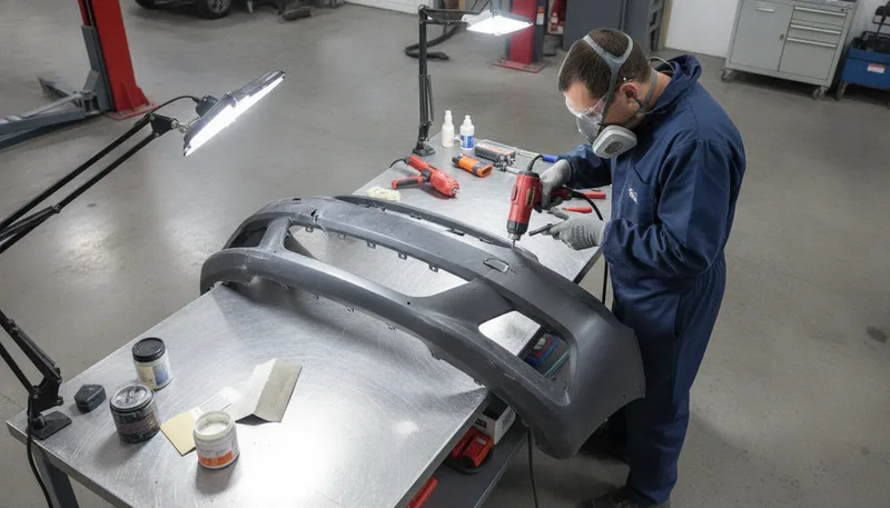 Technician in protective gear using specialized tools on a vehicle bumper during repair work