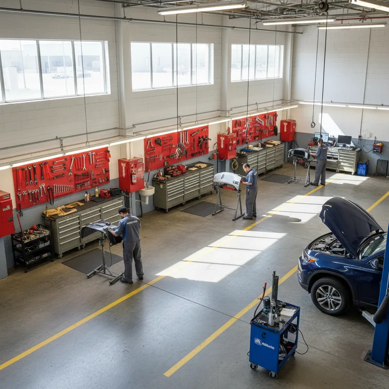 Overhead view of an Allstate certified body shop workspace with organized tool stations, safety equipment mounted on walls...