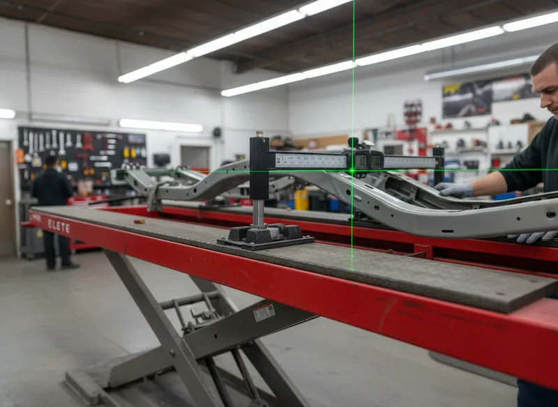 Close-up detail of a vehicle frame measurement system in use, showing laser alignment tools or digital measuring equipment...
