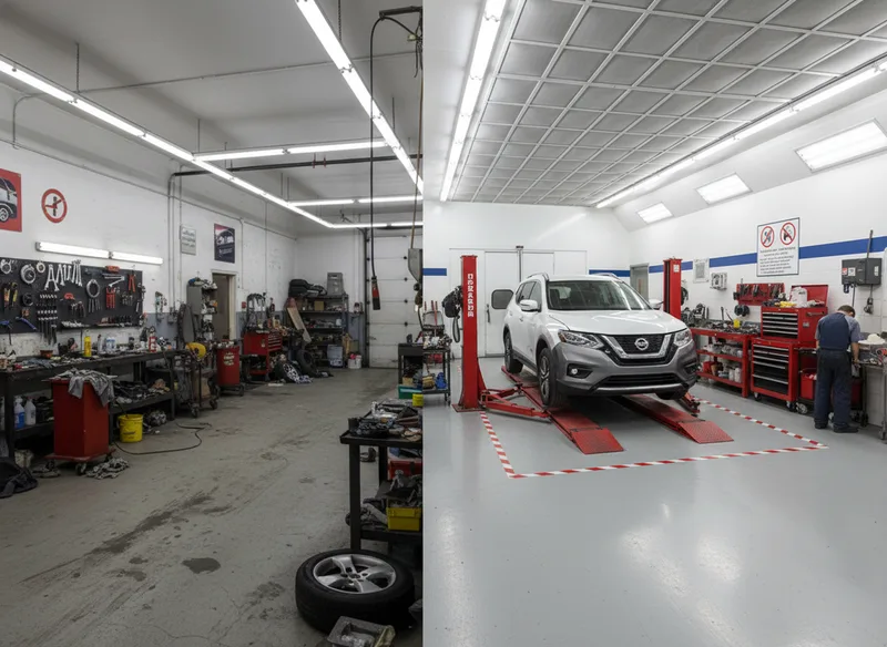 A comparison scene split between a cluttered, disorganized repair shop with unclear signage versus ANA Auto Repair's clean...