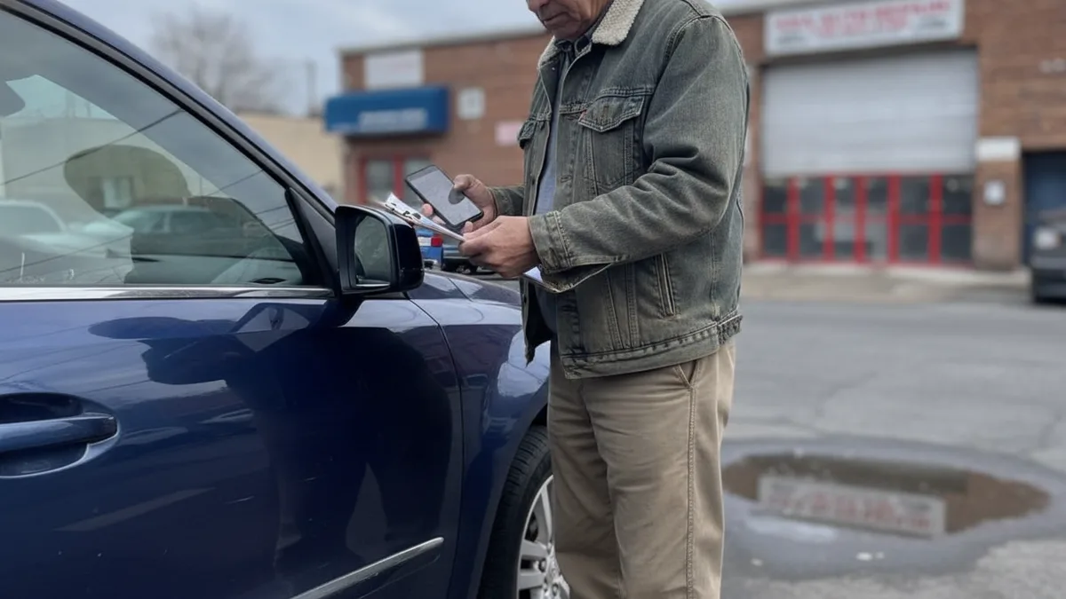 A driver documents vehicle damage with a camera outside an auto body shop in Queens before drop-off.