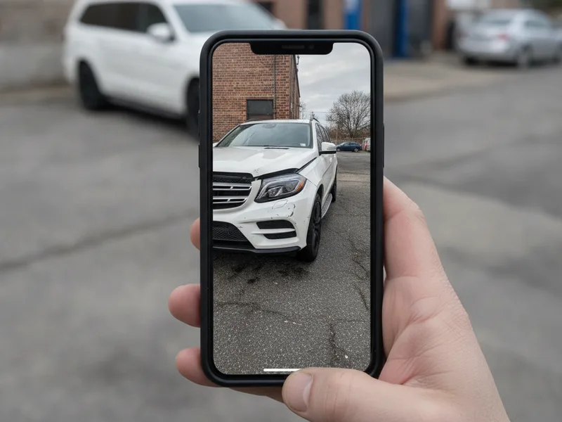 A close-up of a smartphone displaying a damage photo taken at an auto repair shop in Queens.