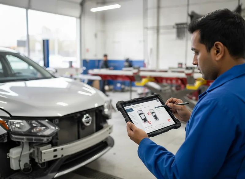 A close-up shot of a repair technician using a digital damage assessment tablet while inspecting a vehicle's collision damage