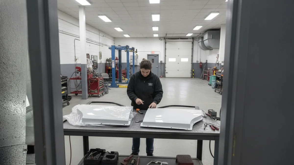 A technician examines OEM and aftermarket car parts side by side on a workbench in a professional auto body shop.