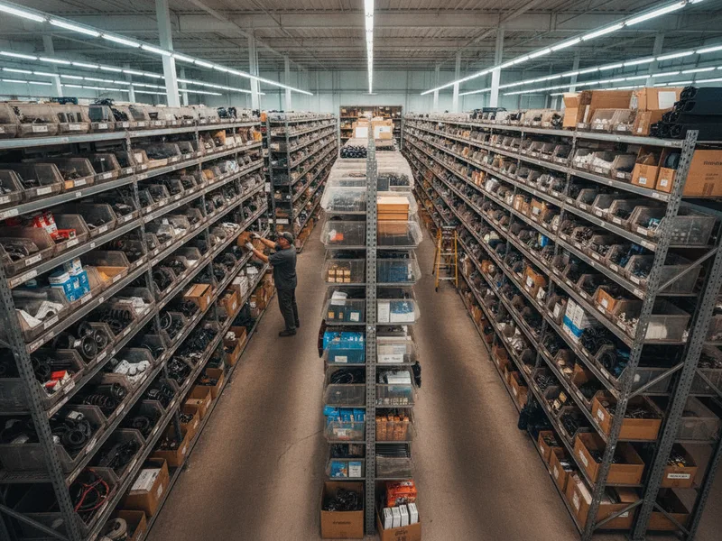 Organized shelves and bins of automotive parts in a professional parts warehouse or storage facility.
