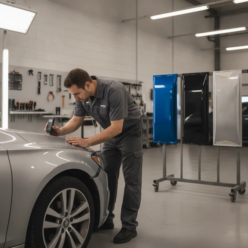 Technician examining a damaged paint area on a vehicle using a paint depth gauge, with comparison panels showing different...