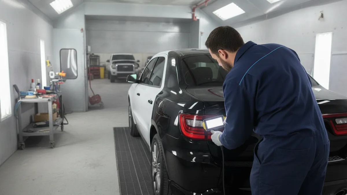 Technician inspecting a freshly painted vehicle in a professional collision repair shop.