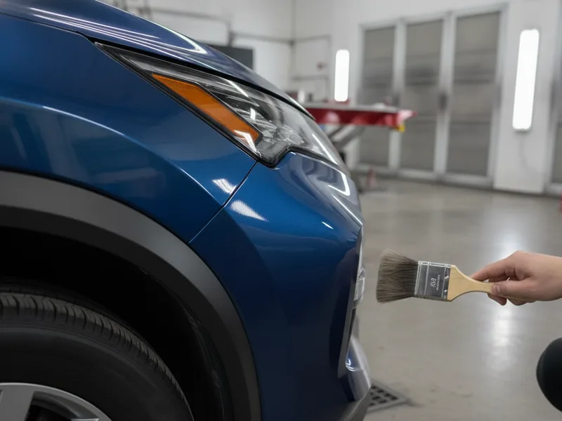 Paint-matched bumper repair showing color transition between original and repainted sections.