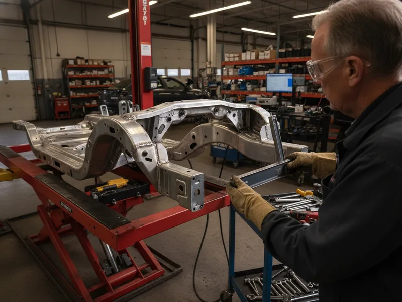 Technician measuring and inspecting aluminum frame repair work on a vehicle lift.