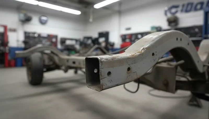 Close-up detail of damaged vehicle frame showing crumpled metal and misalignment, natural workshop lighting revealing the ...