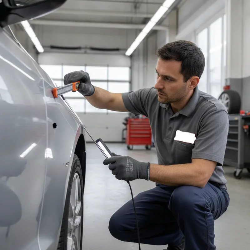 Automotive technician using a measuring tool and inspection light to examine a damaged fender from multiple angles, wearin...