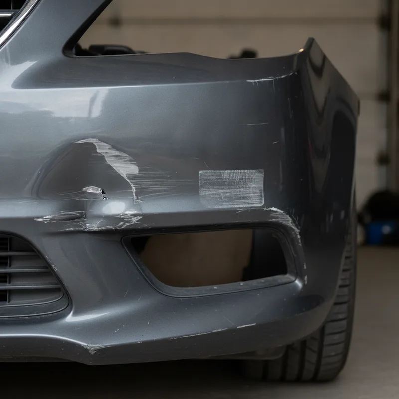Close-up detail shot of a bumper showing multiple damage types—a deep dent on one side, scratches and scuffs across the su...