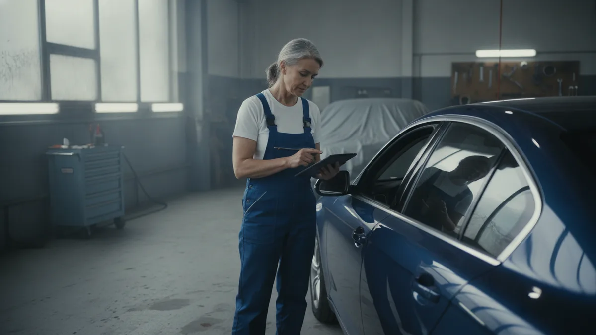 Certified technician inspecting a repaired vehicle in a professional auto body shop with natural lighting.