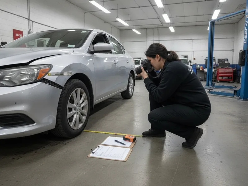 Insurance adjuster documenting vehicle collision damage with professional photography and measurement tools.