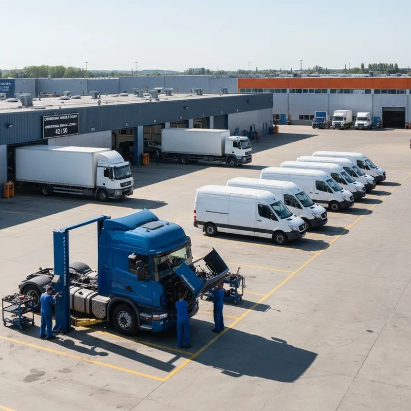 A busy commercial fleet maintenance yard with multiple vehicles in operation and one vehicle receiving repair work, showin...