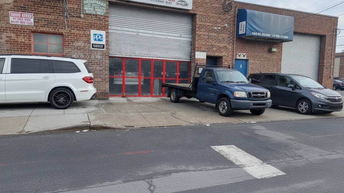 Three commercial fleet vehicles parked outside an auto body shop with freshly repaired and painted panels.