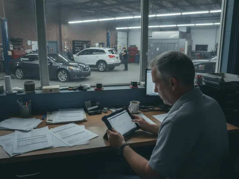 Fleet manager reviewing repair documentation at a desk with shop vehicles visible through the window below.