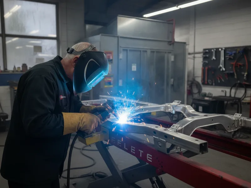 Certified technician performing aluminum welding on a vehicle frame in a professional repair bay.