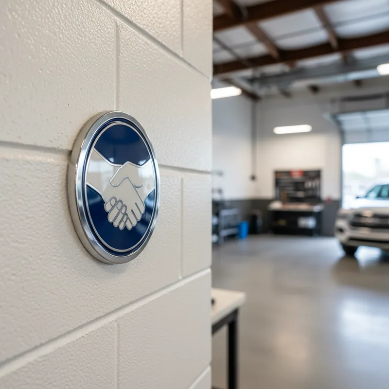 Close-up of an Allstate Good Hands network certification or partnership badge/seal displayed on a modern auto body shop wa...