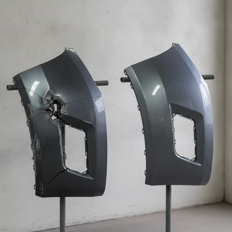 Detailed side-by-side comparison showing a damaged vehicle bumper with visible cracks and misalignment next to a restored ...