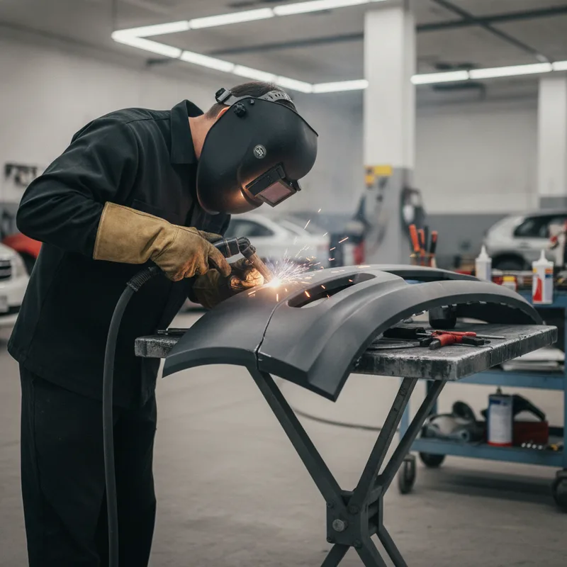 Technician in protective gear performing precision welding or bonding work on a vehicle bumper component in a well-lit sho...