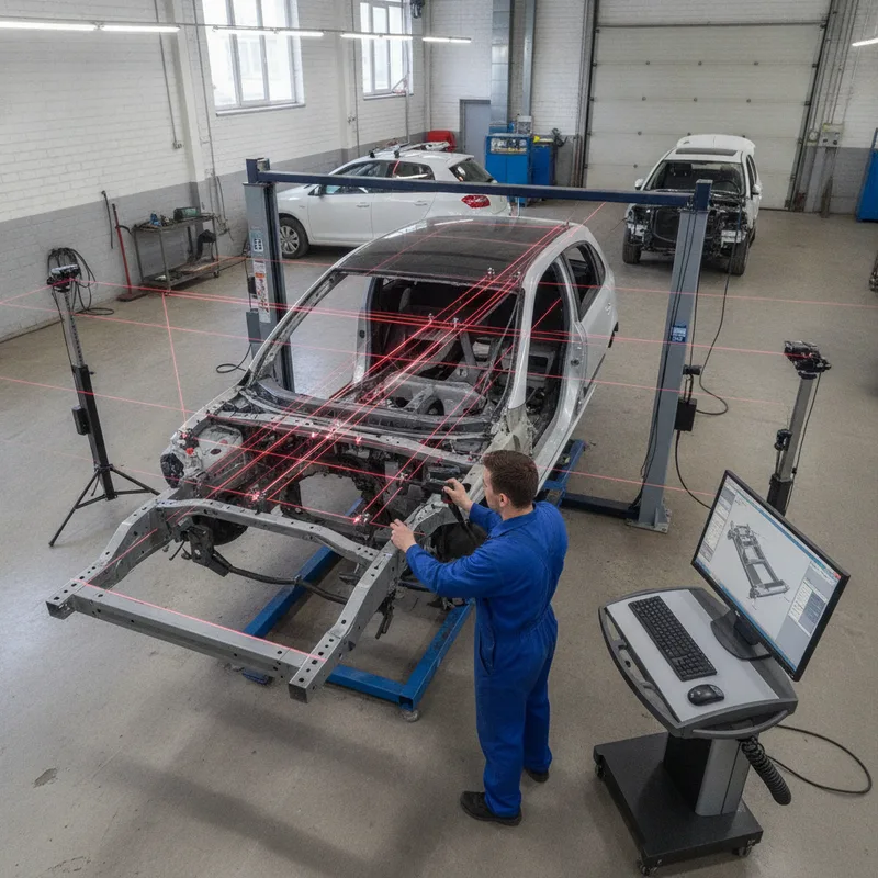 Technician using laser measurement equipment on a damaged vehicle frame in a well-lit auto shop, with digital readouts vis...
