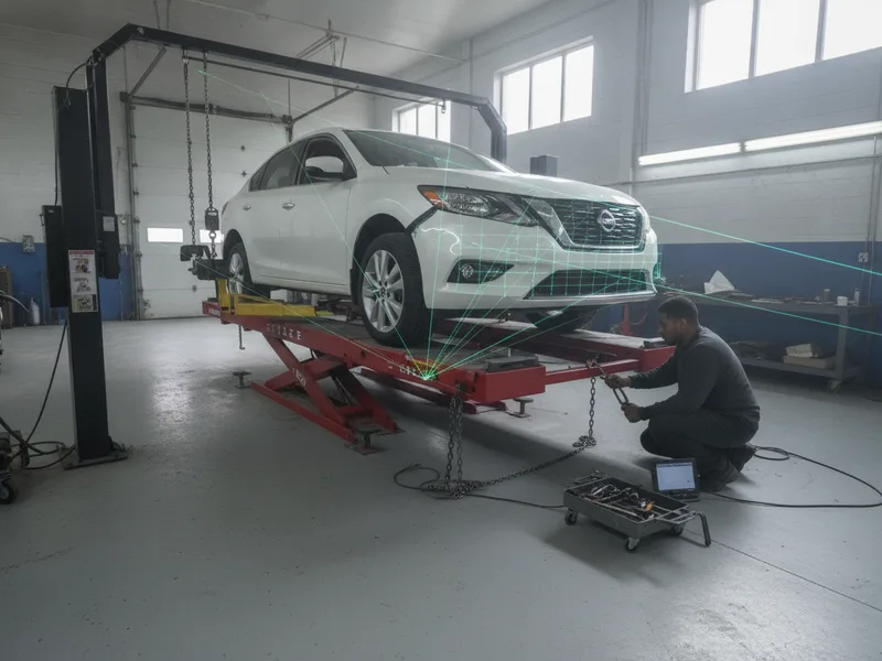 Vehicle suspended on a frame alignment rack with laser measurement guides visible across the vehicle's structural points.