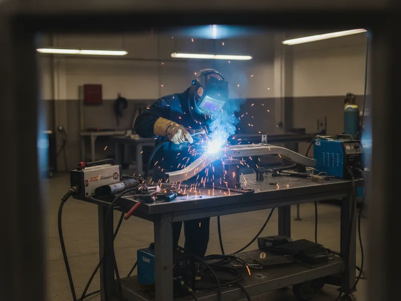 Certified technician performing precision welding on an aluminum vehicle frame in a professional collision repair shop.