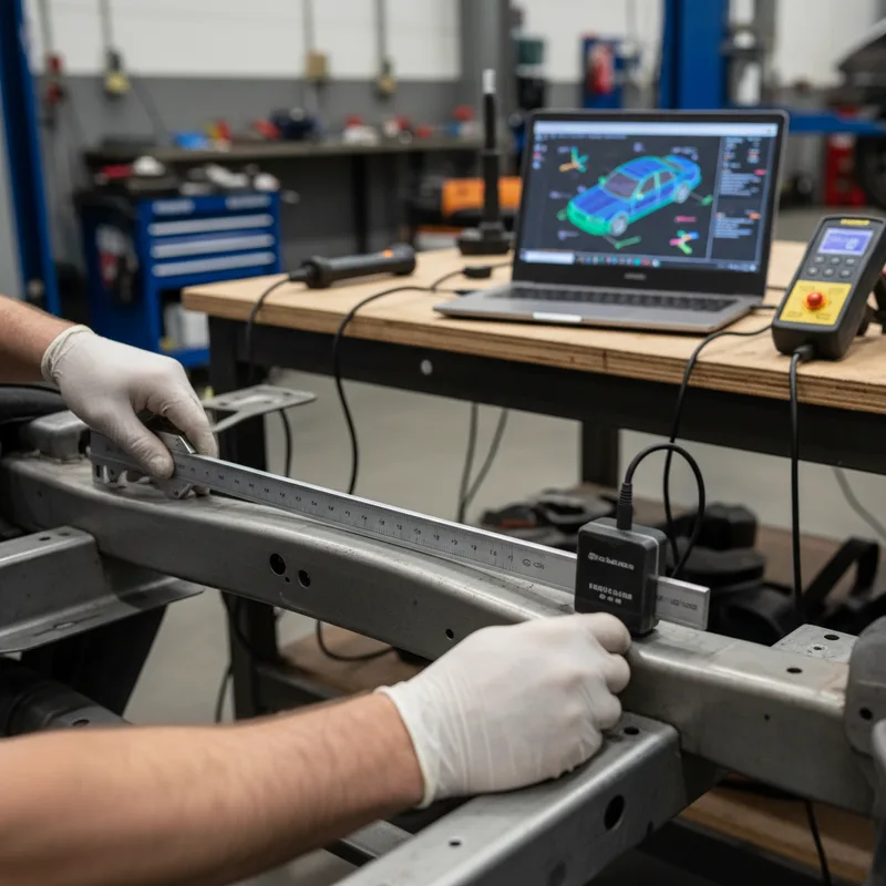 Close-up view of an auto body technician's hands using precision measuring tools and a digital frame measurement device on...